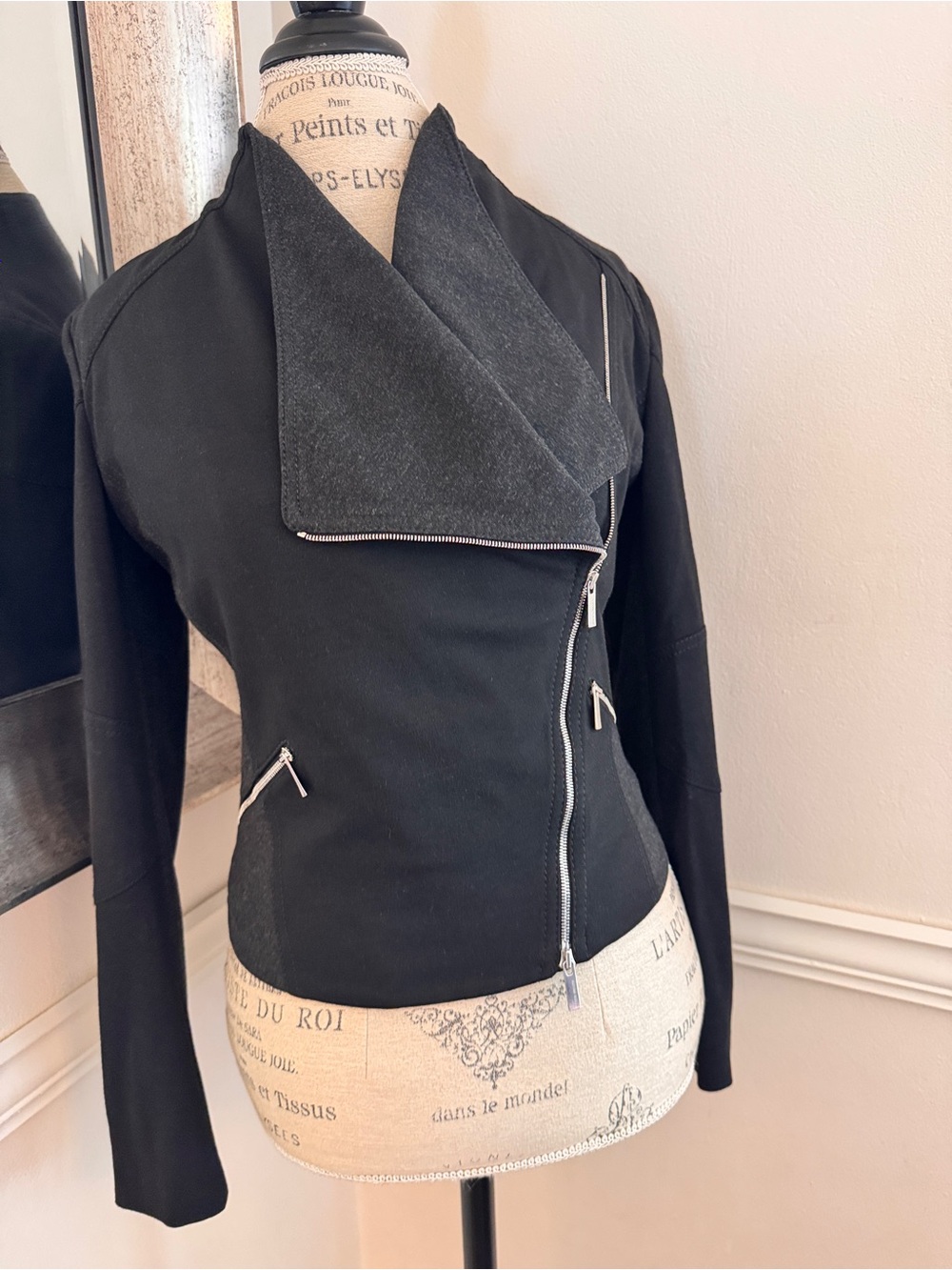 Karen Millen Black & Charcoal Asymmetric Zip Jacket w/Silver Zippers | Size 6 US